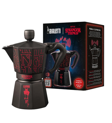 Black Bialetti Italian coffee pot for home brewing, featuring classic stovetop moka design.