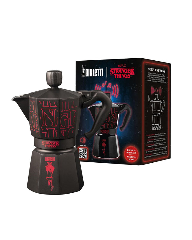 Black Bialetti Italian coffee pot for home brewing, featuring classic stovetop moka design.