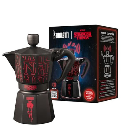 Black Bialetti Italian coffee pot for home brewing, featuring classic stovetop moka design.