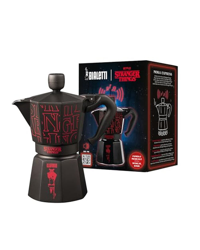 Black Bialetti Italian coffee pot for home brewing, featuring classic stovetop moka design.