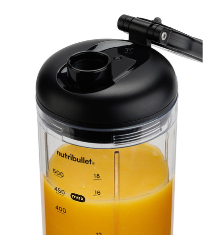 Nutribullet NBP013GM grey 600ml mixer cup for small kitchen appliances, showing the blending cup with lid and measurements.