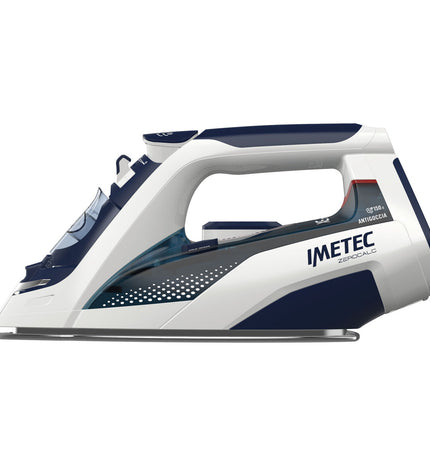IMETEC GV130 steam iron with 2200W power, white and gray design, shown on a laundry surface for household ironing.
