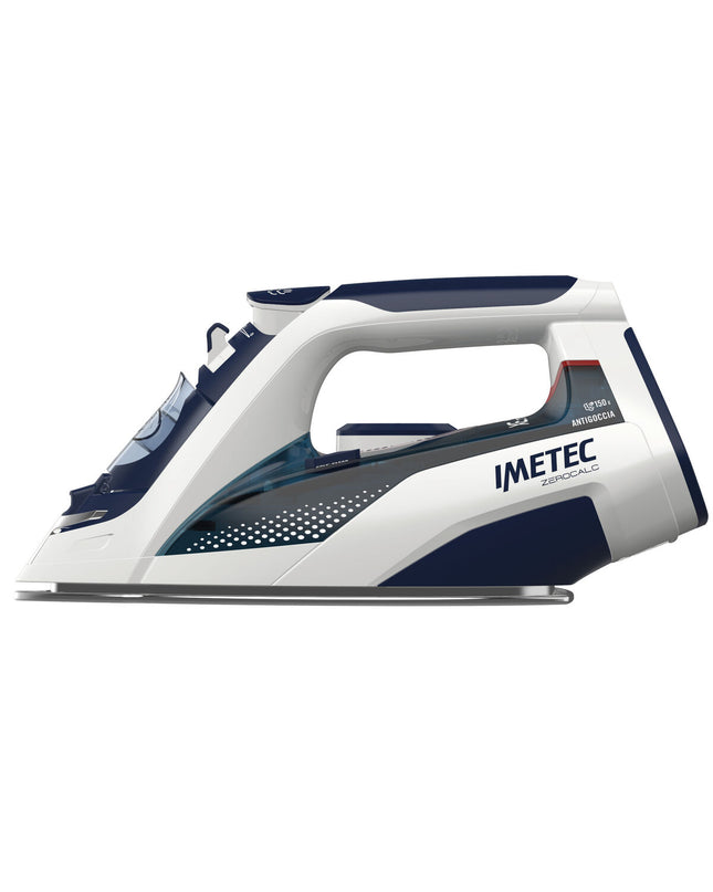 IMETEC GV130 steam iron with 2200W power, white and gray design, shown on a laundry surface for household ironing.