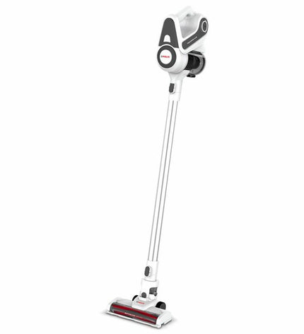 POLTI Forzaspira Slim steel vacuum cleaner for home cleaning, showing its slim design and handle in a modern kitchen setting.