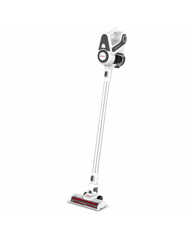 POLTI Forzaspira Slim steel vacuum cleaner for home cleaning, showing its slim design and handle in a modern kitchen setting.