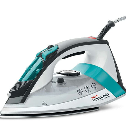 POLTI QC110 2200W steam iron with sleek design, featuring a handle and water tank for efficient ironing in home and cooking tasks