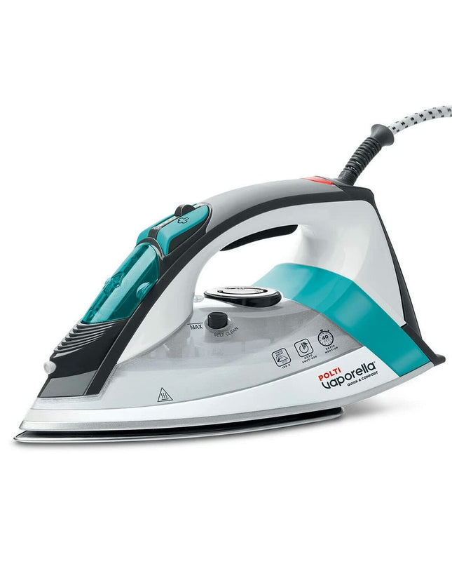 POLTI QC110 2200W steam iron with sleek design, featuring a handle and water tank for efficient ironing in home and cooking tasks