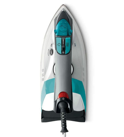 POLTI QC110 2200W steam iron with adjustable steam control, sleek design, and ergonomic handle for efficient ironing.