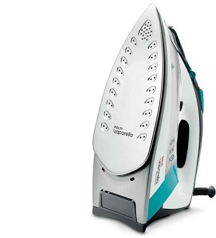 POLTI QC110 steam iron with 2200W, white and gray color, showing iron's handle and soleplate for home ironing.