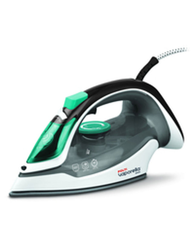 POLTI Q100 steam iron with 2400W power, showing the sleek design and control panel of this household garment steamer.