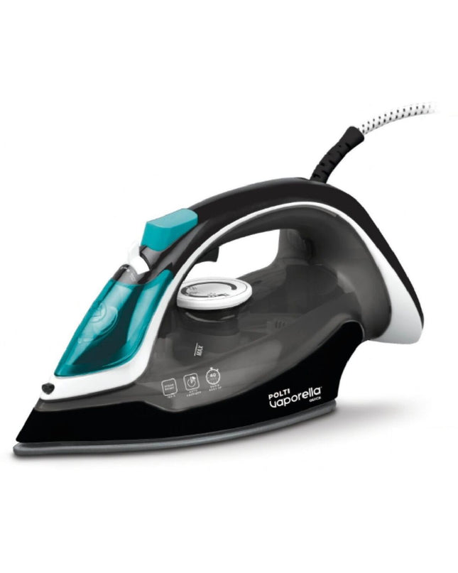POLTI PLEU0277 steam iron with 2800W power, featuring a sleek design and ergonomic handle for efficient clothing ironing.