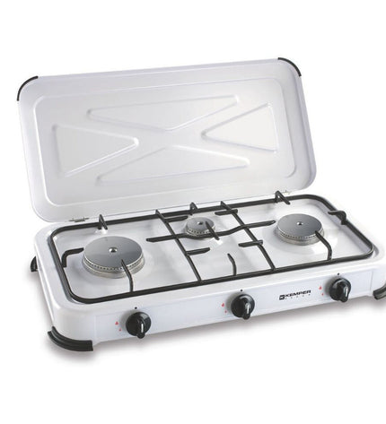 Kemper gasfornuis for outdoor camping and hiking, compact portable stove with burners, ideal for outdoor cooking adventures.