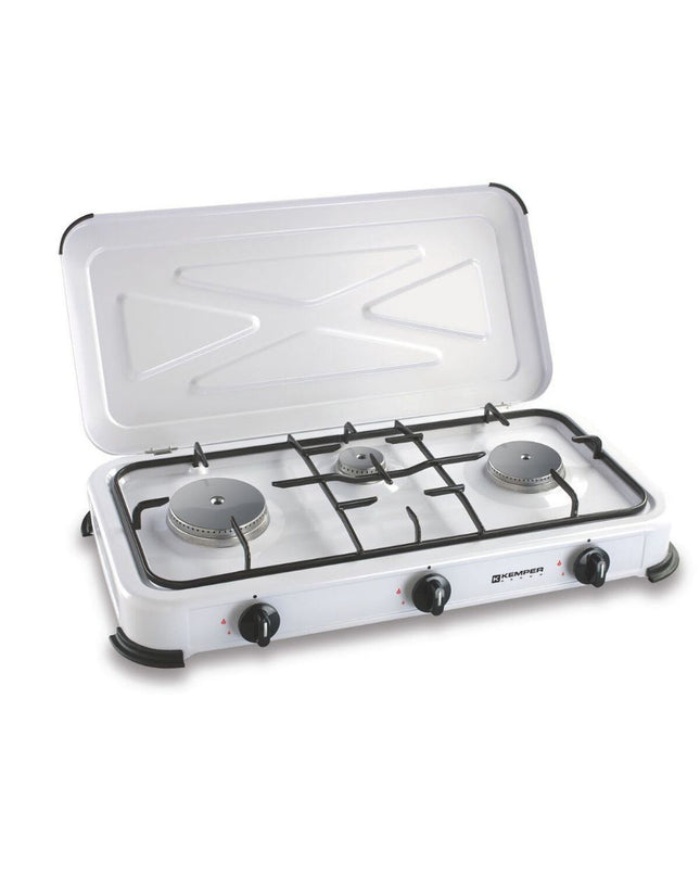 Kemper gasfornuis for outdoor camping and hiking, compact portable stove with burners, ideal for outdoor cooking adventures.