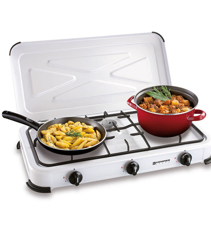 Kemper gasfornuis outdoor camping stove with burners and control knobs, ideal for outdoor cooking and camping activities.