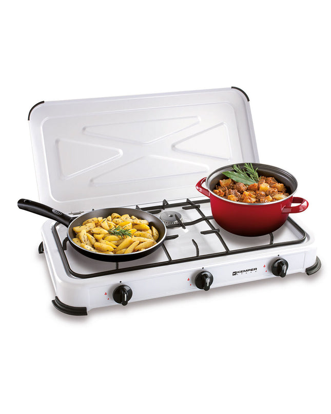 Kemper gasfornuis outdoor camping stove with burners and control knobs, ideal for outdoor cooking and camping activities.