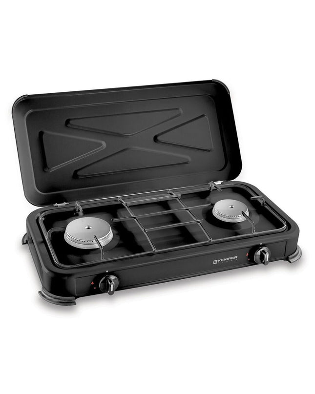 Kemper portable gas stove for camping and outdoor cooking, with compact 57x30x6.5 cm design, black finish, and control knobs.