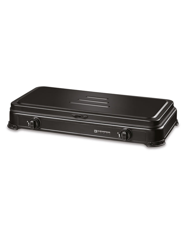 Kemper gas stove for outdoor camping, compact 57x30x6.5 cm, with burners and control knobs, suitable for outdoor cooking.