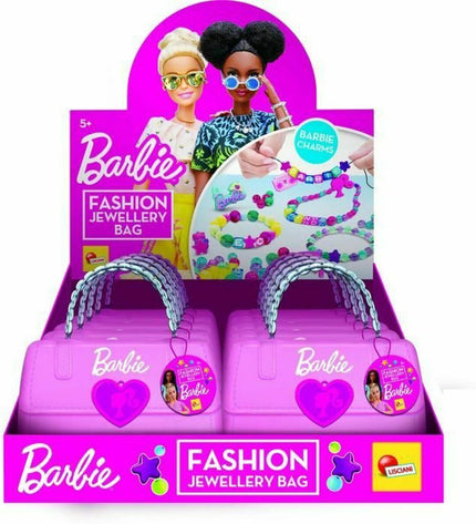 Set of 12 Barbie plastic shopping bags, 19x12x7 cm, for pretend play and toy games featuring colorful Barbie branding.