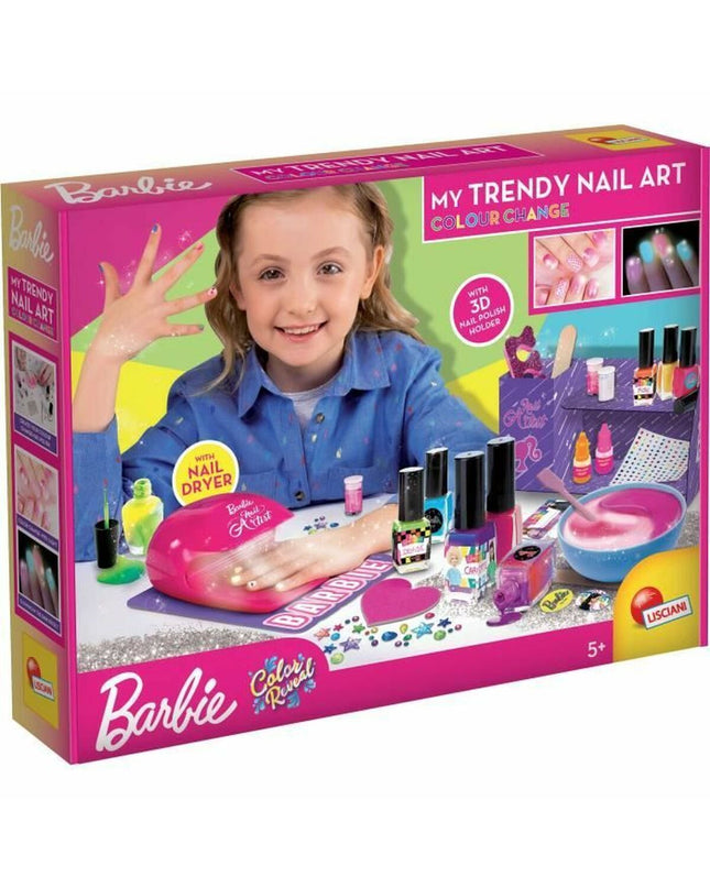 Lisciani Giochi Barbie manicureset toy with pink and purple nail polish tools, compact case, and manicure accessories.