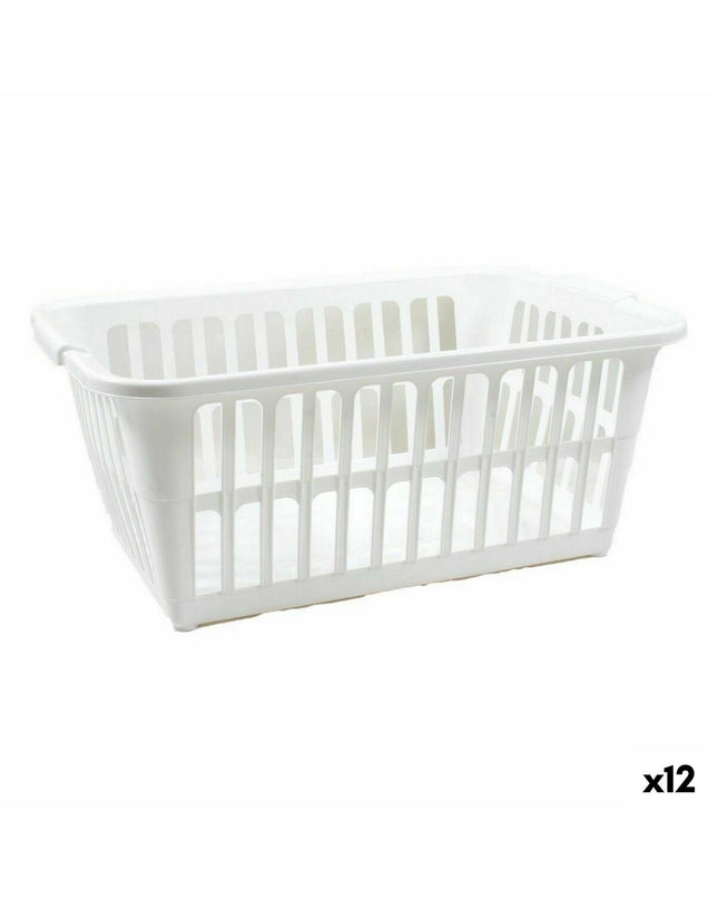 Set of 12 Tontarelli Classic white laundry baskets, 35L capacity, with dimensions 58x41x24 cm, for home storage and organization.