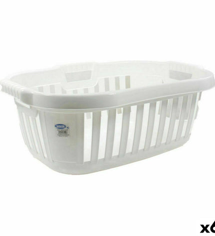 Set of six Tontarelli Hipster white laundry baskets, 50L capacity, measuring 66x44x25 cm, for home storage and organization.