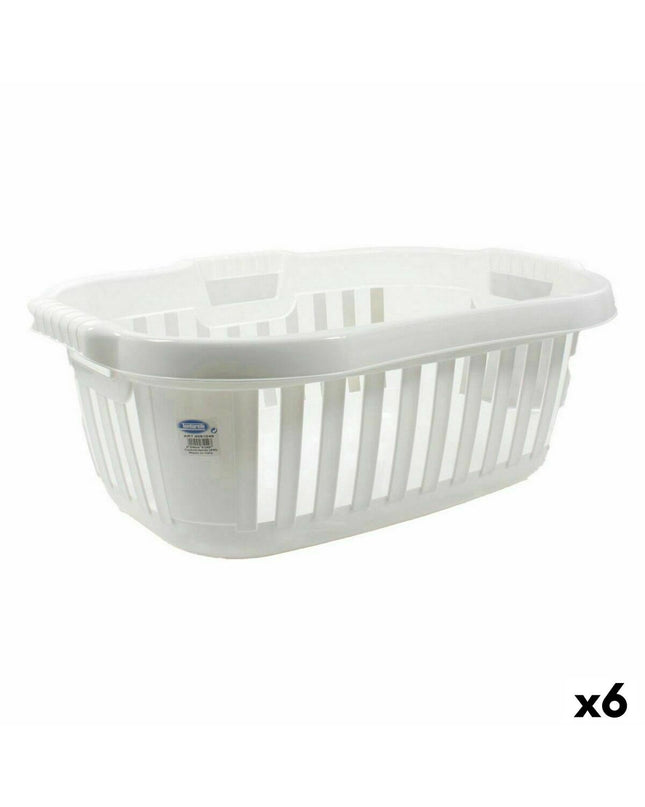 Set of six Tontarelli Hipster white laundry baskets, 50L capacity, measuring 66x44x25 cm, for home storage and organization.