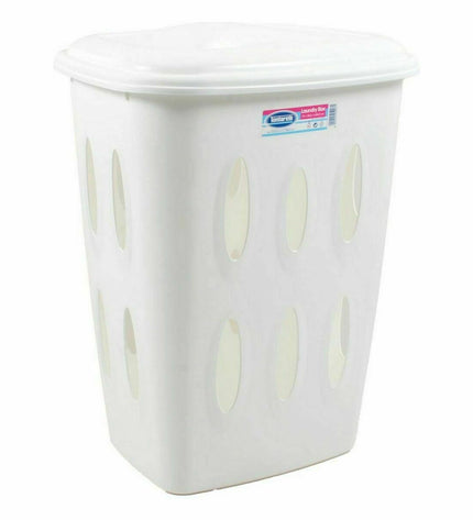 Set of 12 Tontarelli 45L white laundry baskets with lids, measuring 41x33.2x54.5 cm, for home organization and laundry storage.