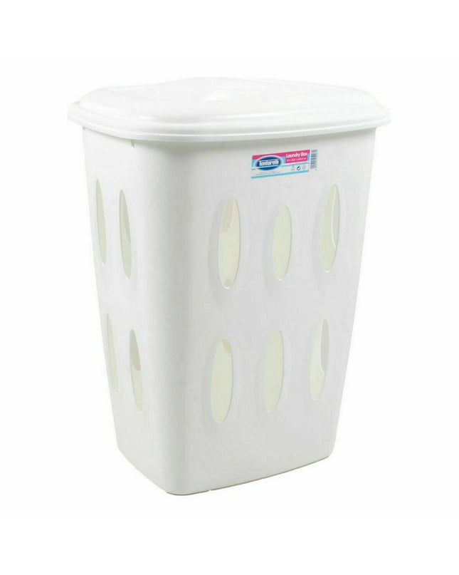 Set of 12 Tontarelli 45L white laundry baskets with lids, measuring 41x33.2x54.5 cm, for home organization and laundry storage.