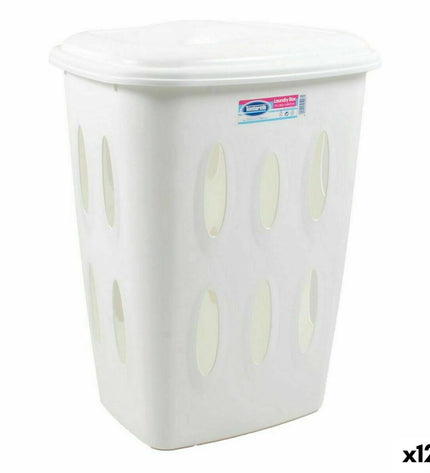 White Tontarelli 45L laundry basket with lid, 41x33.2x54.5 cm, shown in a household storage setting.