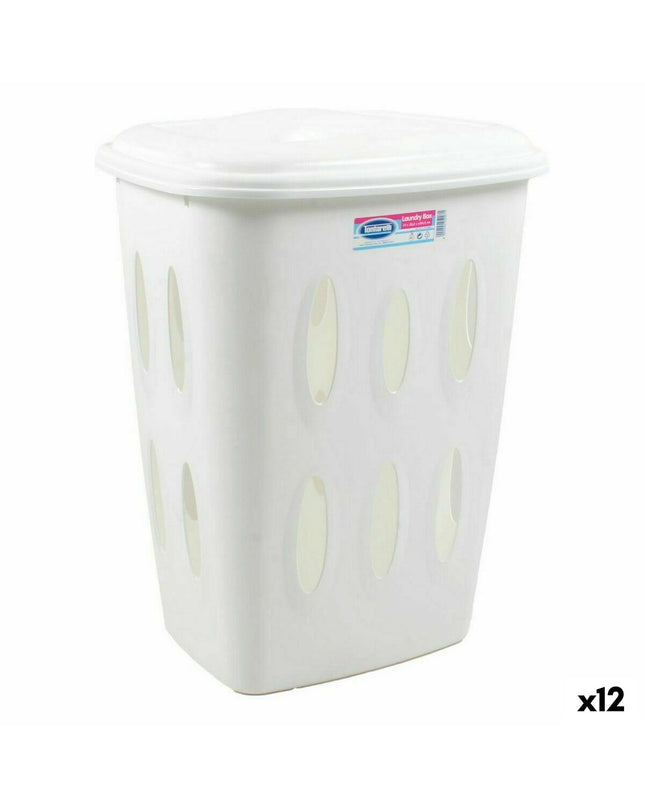White Tontarelli 45L laundry basket with lid, 41x33.2x54.5 cm, shown in a household storage setting.