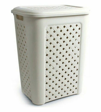 Beige Tontarelli Arianna laundry baskets with lids, 43.5 x 33.5 x 55 cm, set of 6, for home organization and laundry storage.