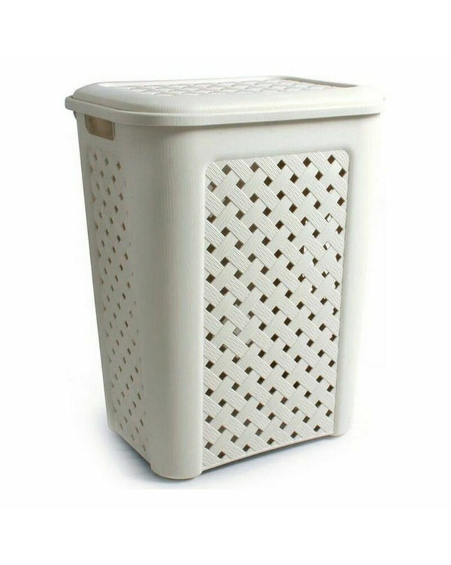 Beige Tontarelli Arianna laundry baskets with lids, 43.5 x 33.5 x 55 cm, set of 6, for home organization and laundry storage.
