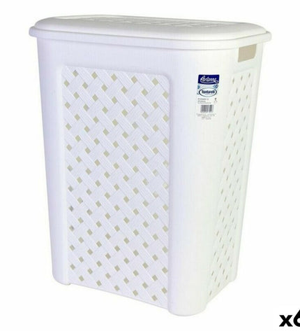 Set of six Tontarelli Arianna 50L white laundry baskets with handles, measuring 44x35x55 cm, for home organization.