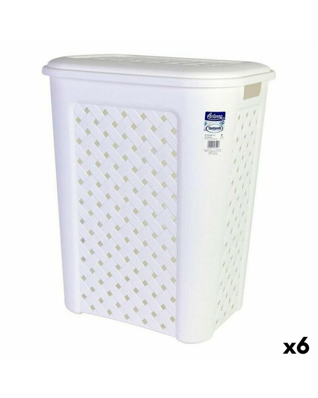 Set of six Tontarelli Arianna 50L white laundry baskets with handles, measuring 44x35x55 cm, for home organization.