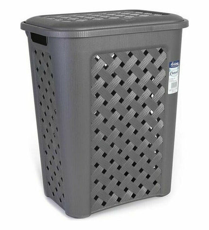 Six Tontarelli Arianna 30L gray laundry baskets with dimensions 37.5 x 27.5 x 47 cm, used for home organization and storage.