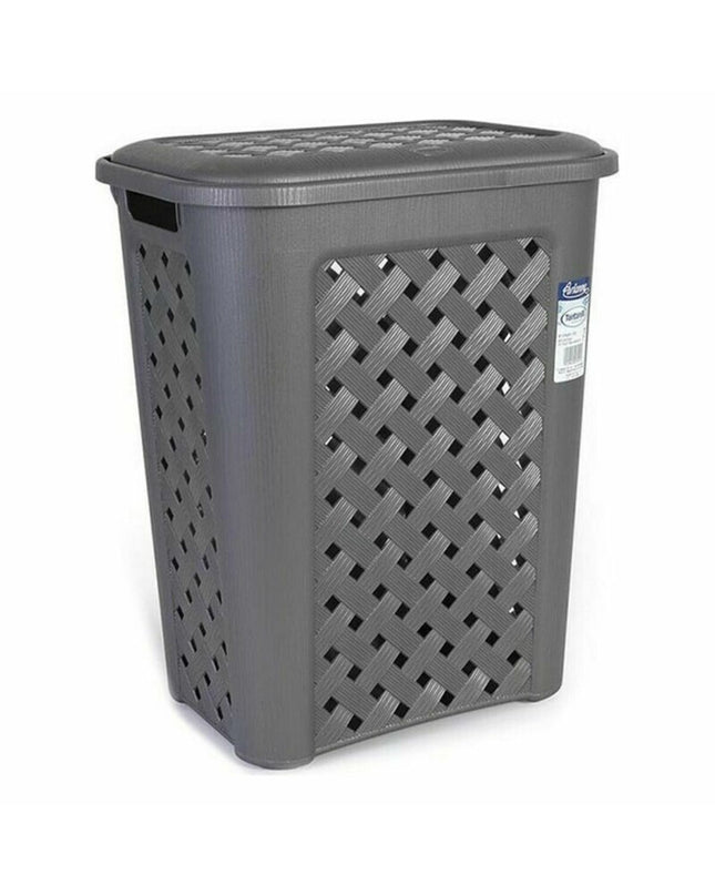 Six Tontarelli Arianna 30L gray laundry baskets with dimensions 37.5 x 27.5 x 47 cm, used for home organization and storage.