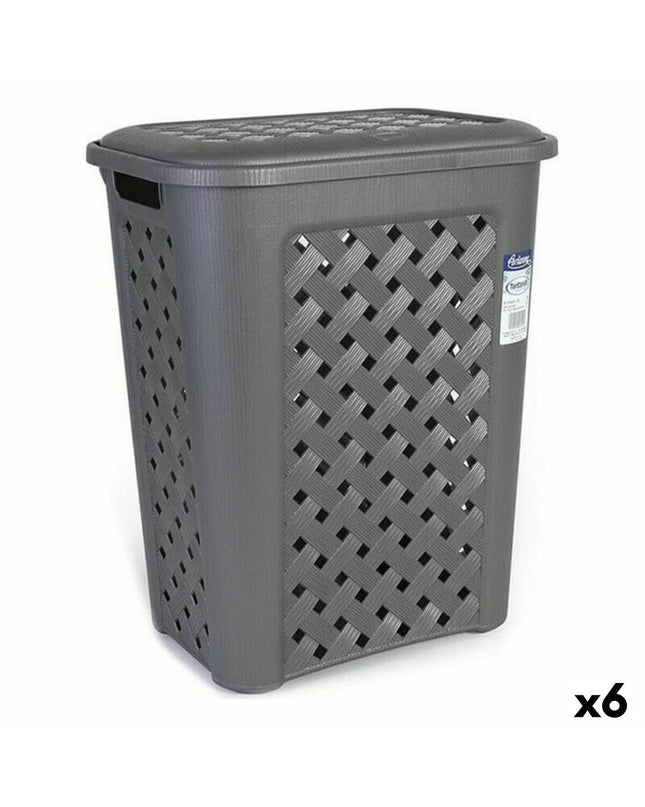 Set of six Tontarelli Arianna 30L gray laundry baskets with dimensions 37.5 x 27.5 x 47 cm for home organization.