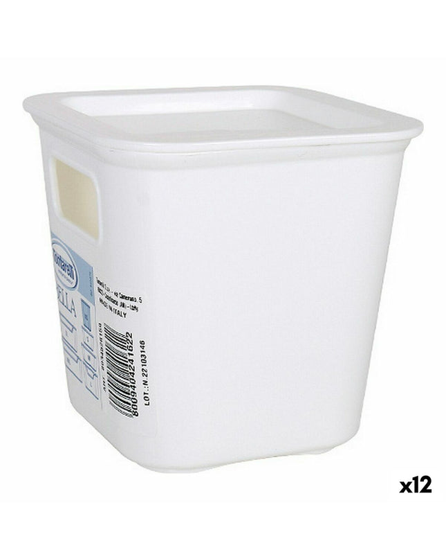 Set of 12 Tontarelli Bella white storage boxes, 11.4 cm square, for household organization and kitchen storage.