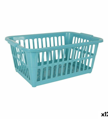 Set of 12 Tontarelli Classic blue laundry baskets, 35L capacity, with dimensions 58x41x24 cm, for home storage and organization.