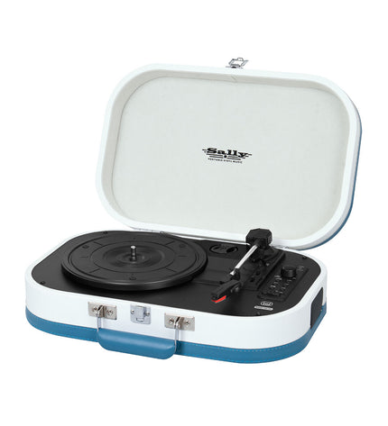 Trevi TT 1020 BT portable Bluetooth record player with turquoise finish, USB, stereo sound, and rechargeable battery.