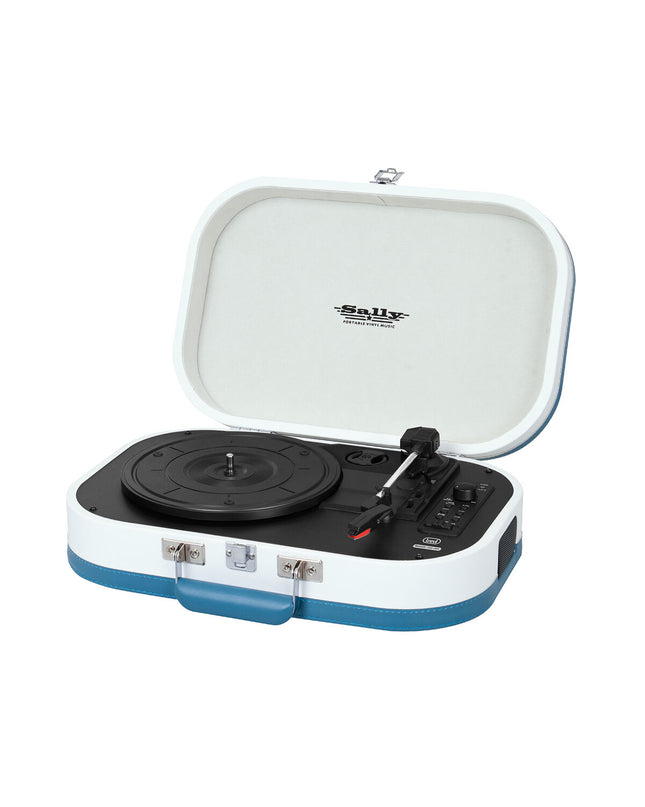 Trevi TT 1020 BT portable Bluetooth record player with turquoise finish, USB, stereo sound, and rechargeable battery.