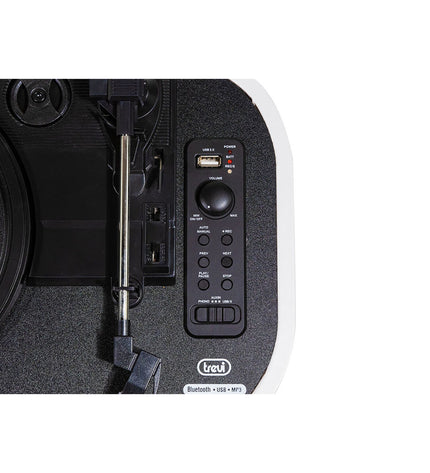 Trevi TT 1020 BT turquoise portable record player with USB, Bluetooth, and rechargeable battery, in a modern electronic design.