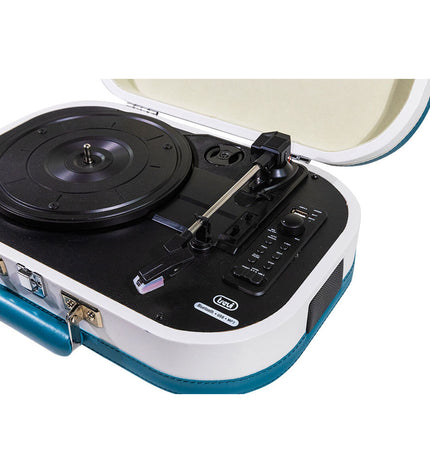 Trevi TT 1020 BT USB stereo Bluetooth turntable with turquoise finish, rechargeable battery, and audio controls.