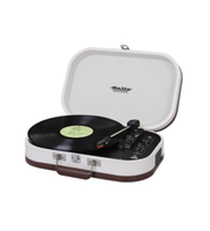 Beige Trevi turntable for vinyl records, part of electronic audio and hi-fi equipment, with tonearm and control knobs visible.