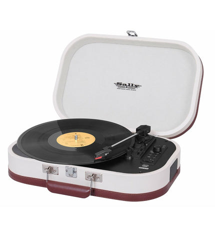 Beige Trevi platenspeler, vintage-style audio and hi-fi equipment, close-up of turntable with tonearm and control knobs.