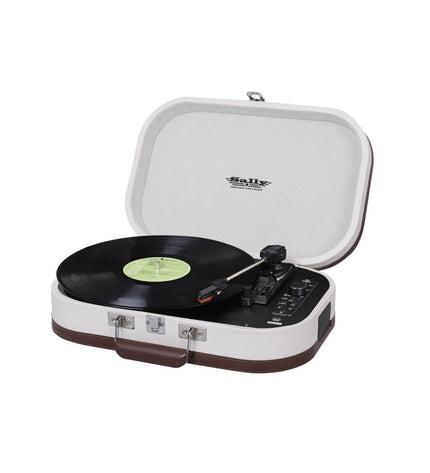 Beige Trevi platenspeler with a sleek design, featuring a turntable and audio controls for vintage music playback.