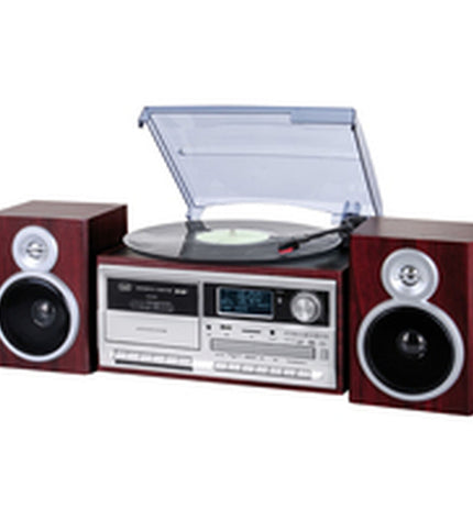 Trevi Platenspeler 0T107230 hout finish, vintage-style audio turntable with wooden casing and manual tonearm.