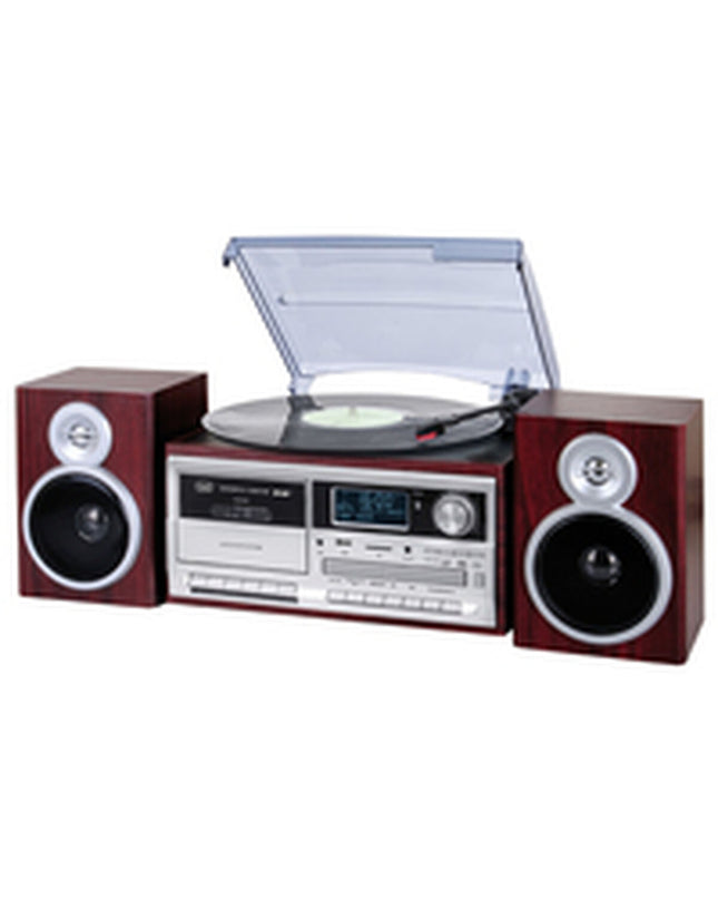 Trevi Platenspeler 0T107230 hout finish, vintage-style audio turntable with wooden casing and manual tonearm.