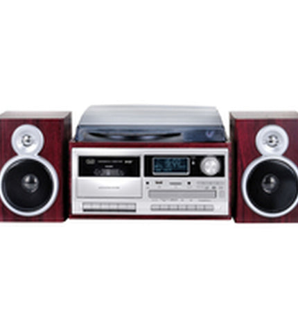 Trevi platenspeler with wooden finish, vintage-style audio and hifi equipment, showing turntable and controls.