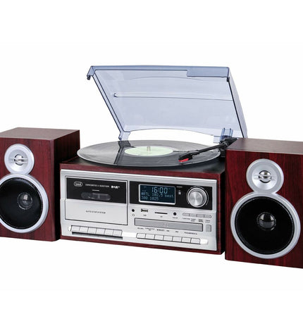 Trevi wooden turntable for audio and hi-fi equipment, showcasing a sleek vintage-style record player.